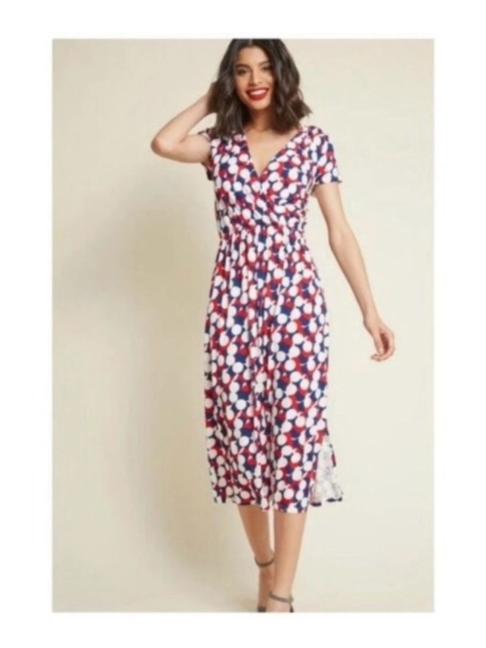 Modcloth Easily Adored Red, White & Blue Polka-Print Midi Wrap Dress